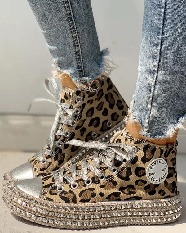Leopard Print Studded Decor Eyelet Lace-up Trainers