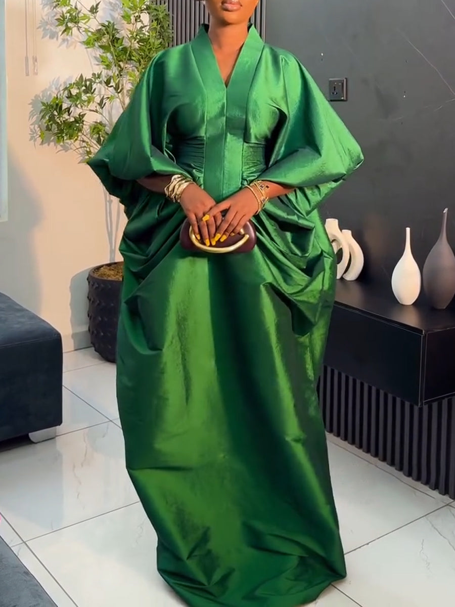 F050902 Fashion V-neck Long-sleeved Loose Pleated Long Dress