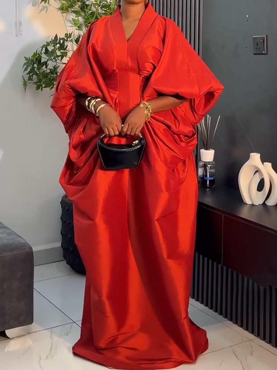 F050902 Fashion V-neck Long-sleeved Loose Pleated Long Dress
