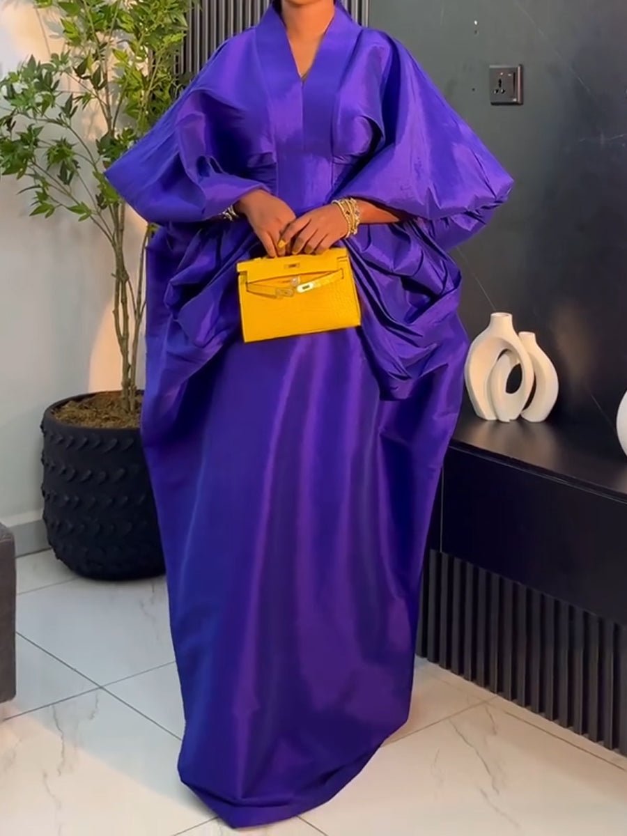 F050902 Fashion V-neck Long-sleeved Loose Pleated Long Dress