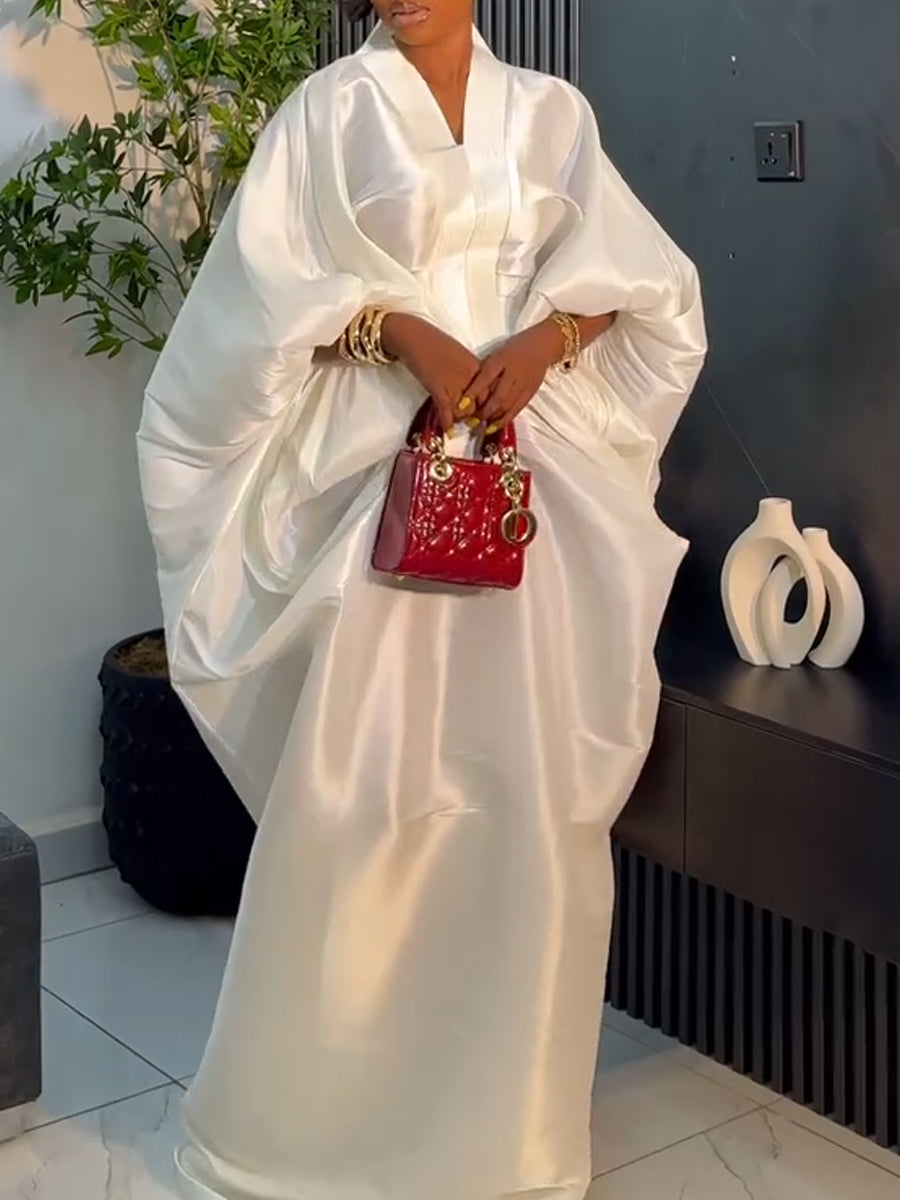 F050902 Fashion V-neck Long-sleeved Loose Pleated Long Dress
