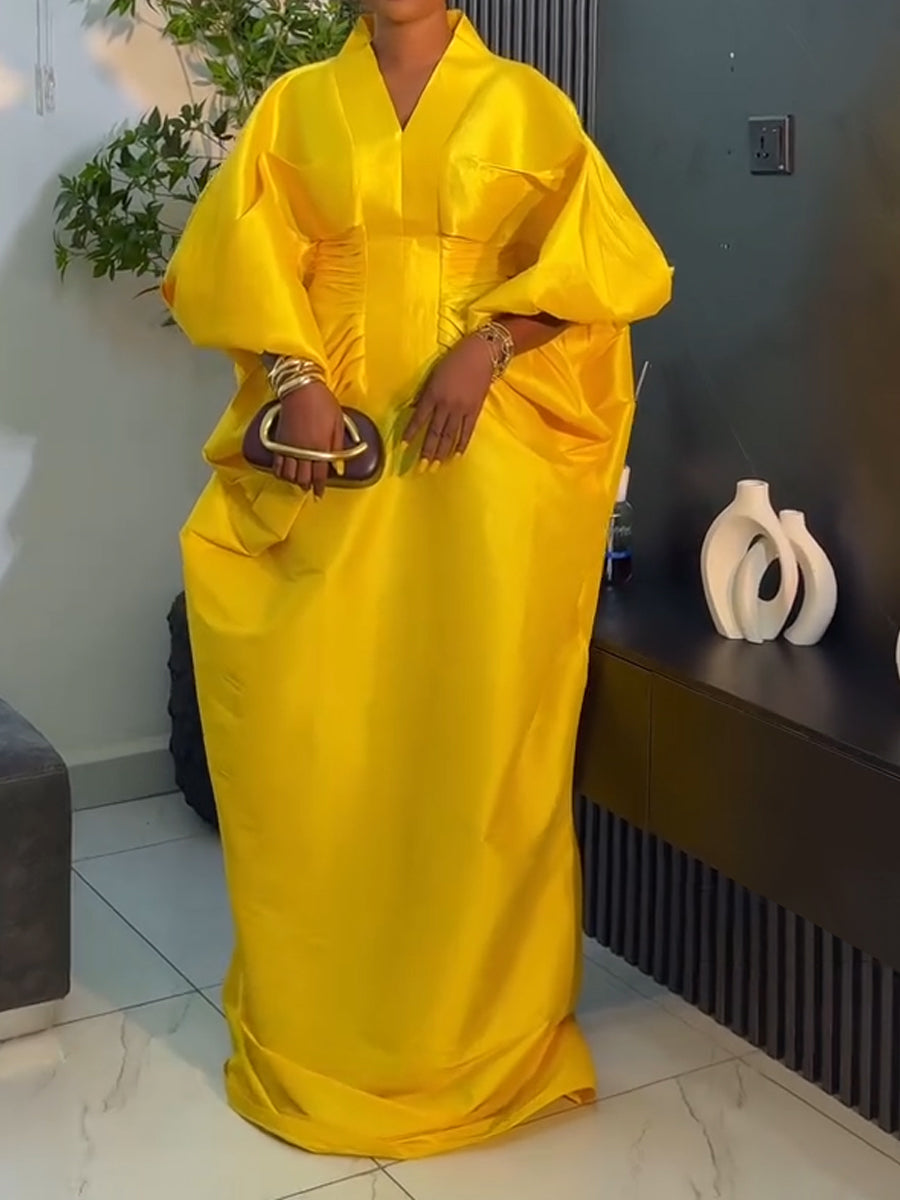 F050902 Fashion V-neck Long-sleeved Loose Pleated Long Dress