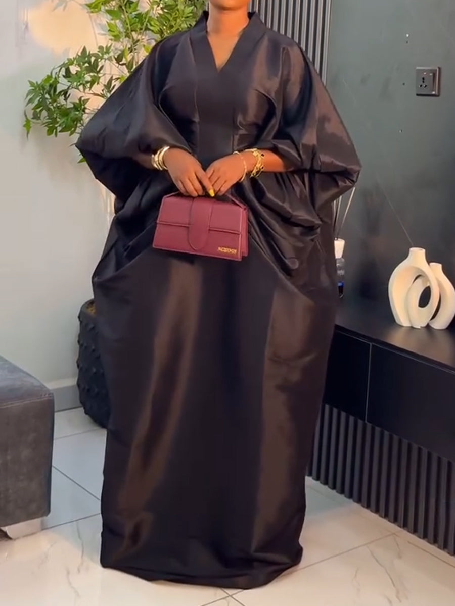 F050902 Fashion V-neck Long-sleeved Loose Pleated Long Dress