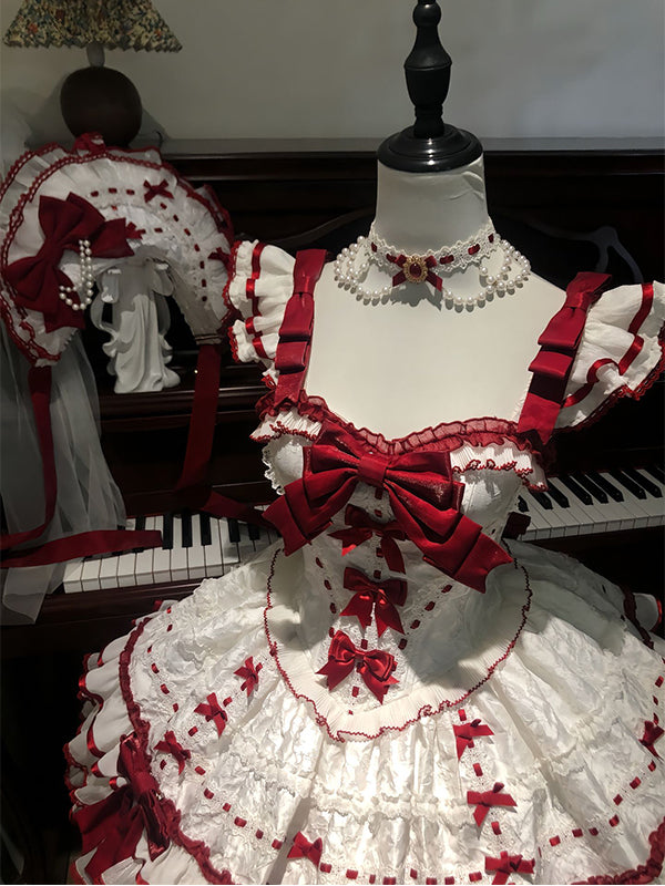 F72103 Red and White Ballet Style Elegant Doll Sense Lolita Skirt Daily Princess Skirt Lolita Sweet Birthday Dress