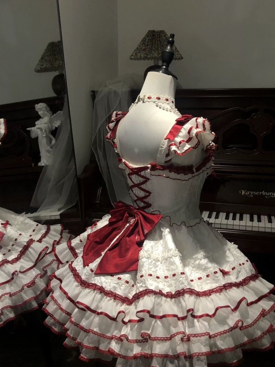 F72103 Red and White Ballet Style Elegant Doll Sense Lolita Skirt Daily Princess Skirt Lolita Sweet Birthday Dress