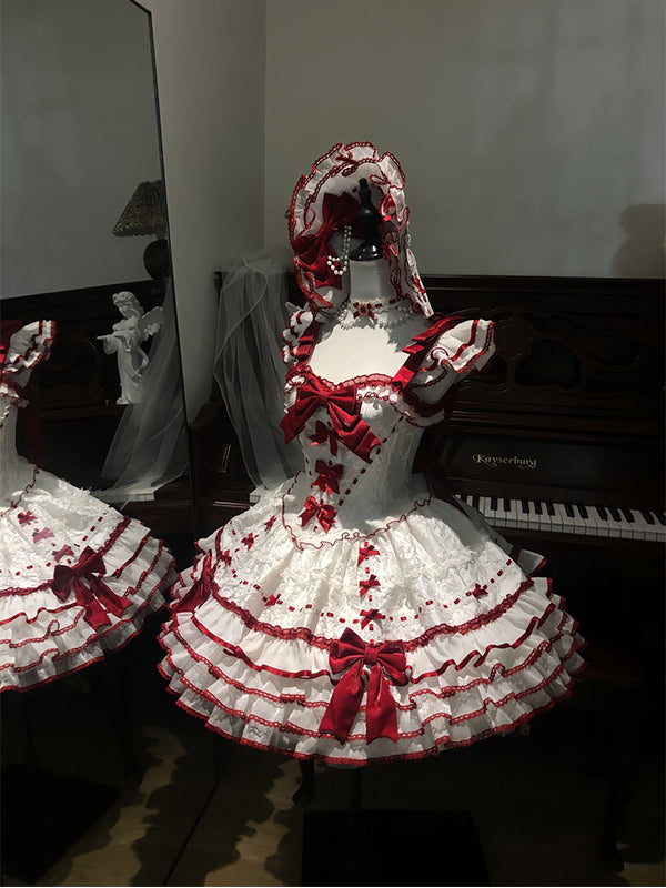 F72103 Red and White Ballet Style Elegant Doll Sense Lolita Skirt Daily Princess Skirt Lolita Sweet Birthday Dress
