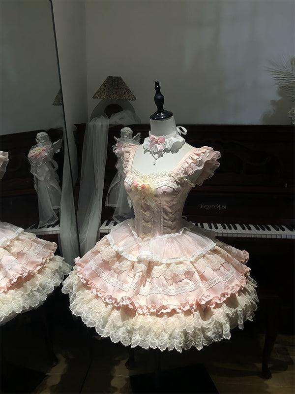 F72108 Apricot Pink Lolita Skirt Elegant Waist Short Ballet Style Lolita Princess Skirt