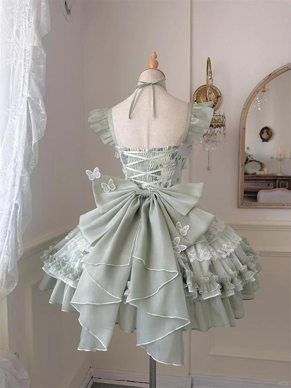 F72115 White Green Butterfly Small Fresh Princess Girl Birthday Short Skirt Lolita Lolita Skirt Cute Sweet