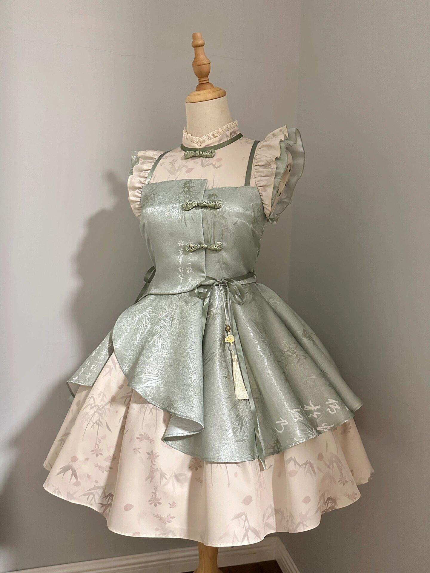 F72117 Green Modified Cheongsam Lolita Skirt Small Flying Sleeves Lolita Cute Princess Dress
