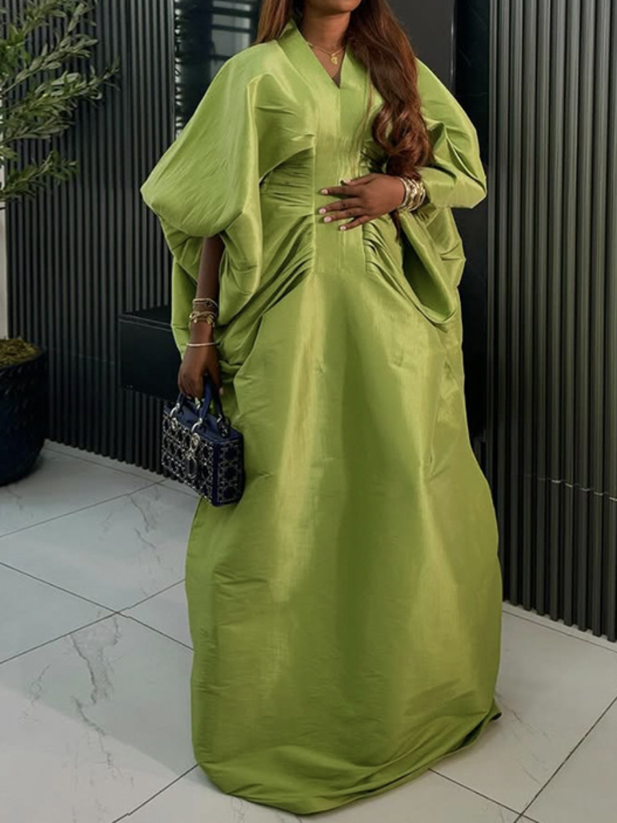 F050902 Fashion V-neck Long-sleeved Loose Pleated Long Dress