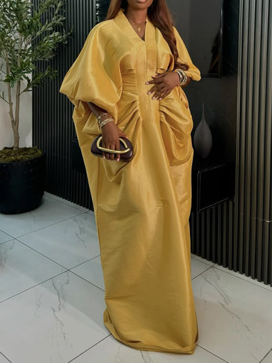 F050902 Fashion V-neck Long-sleeved Loose Pleated Long Dress