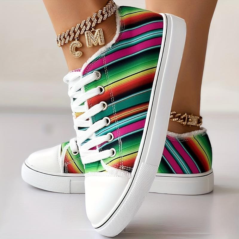 Colorful Strip Print Trainers Lace Up Canvas Shoes