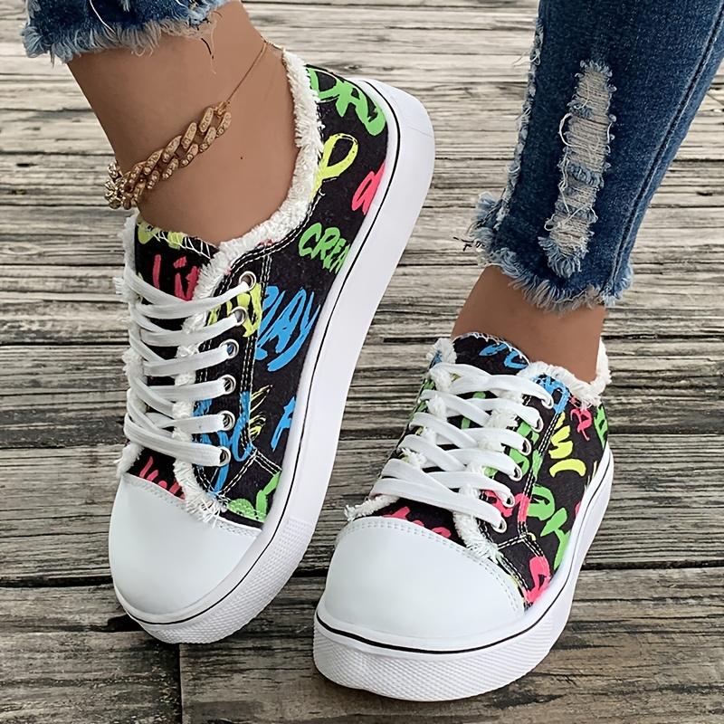 Letter Print Canvas Shoes Lace Up Flat Trainers