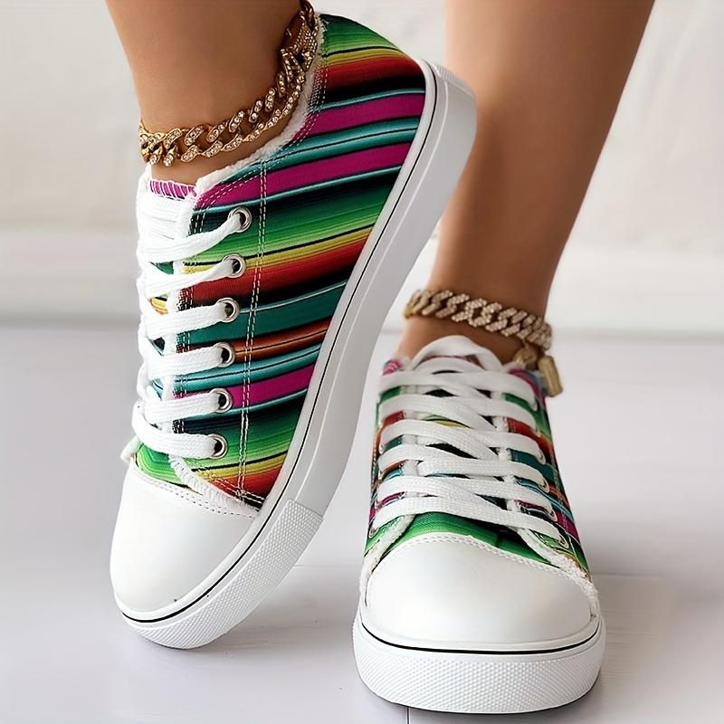 Colorful Strip Print Trainers Lace Up Canvas Shoes