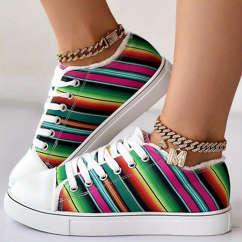 Colorful Strip Print Trainers Lace Up Canvas Shoes