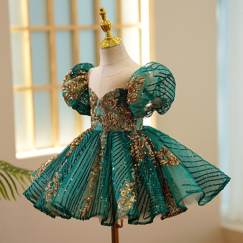 L41610 GIRLS CHRISTMAS DRESS PARTY EASTER DRESS GREEN SEQUIN BIRTHDAY PRINCESS DRESS