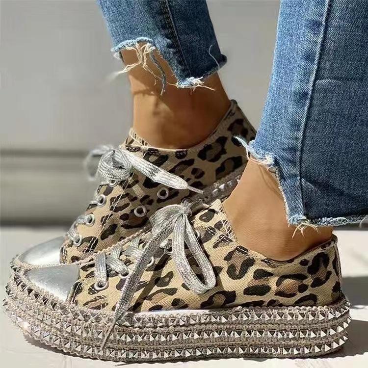 Leopard Print Studded Decor Eyelet Lace-up Trainers