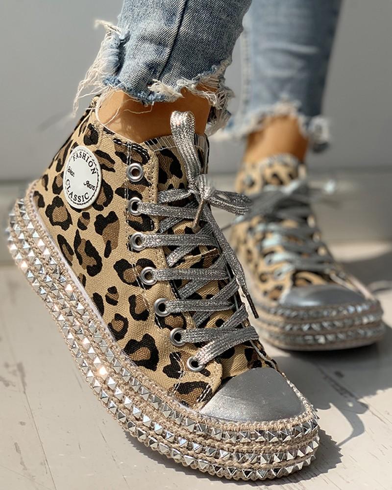Leopard Print Studded Decor Eyelet Lace-up Trainers