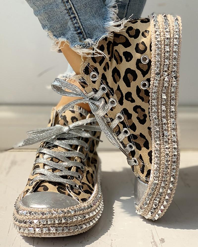 Leopard Print Studded Decor Eyelet Lace-up Trainers