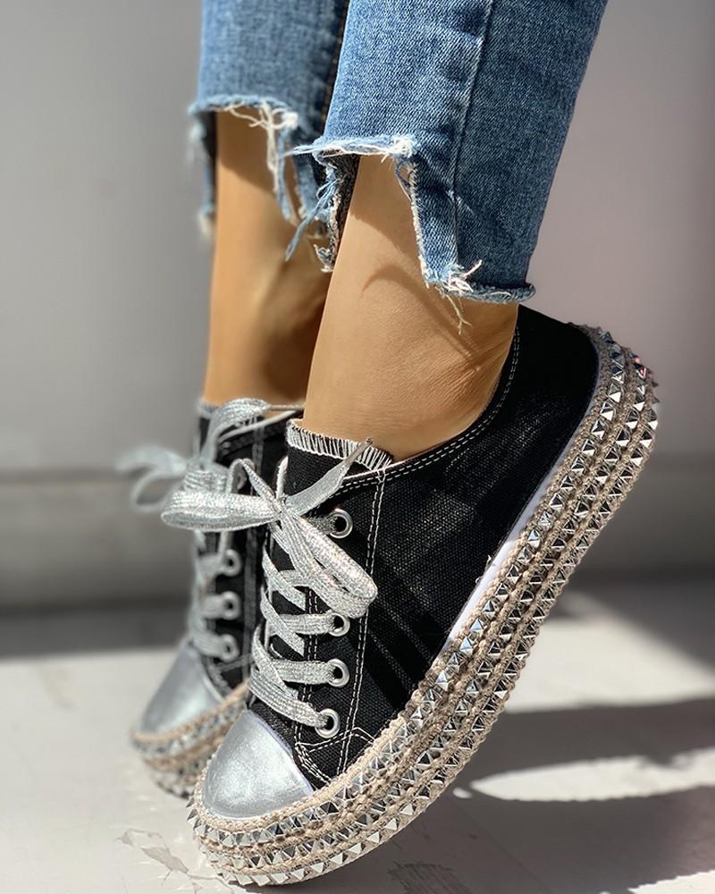 Leopard Print Studded Decor Eyelet Lace-up Trainers