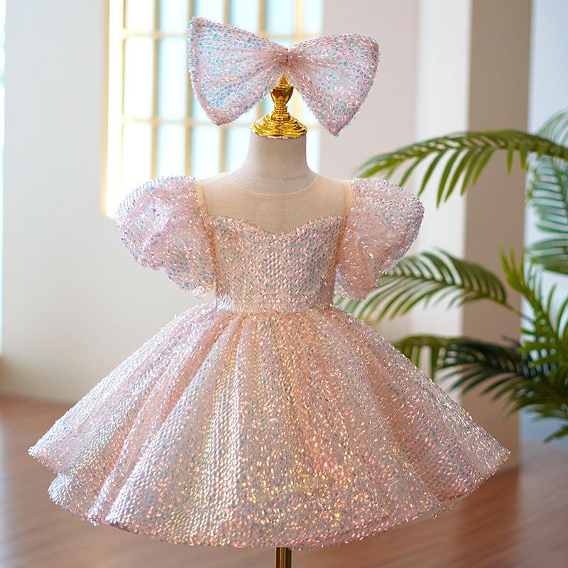 L41707 BABY GIRL PAGEANT PRINCESS DRESSES TODDLER SUMMER ELEGANT PINK SEQUIN BOW BIRTHDAY PARTY DRESS