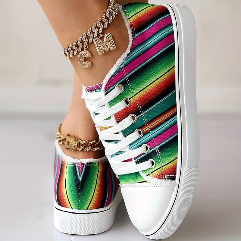 Colorful Strip Print Trainers Lace Up Canvas Shoes