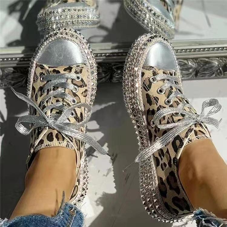 Leopard Print Studded Decor Eyelet Lace-up Trainers