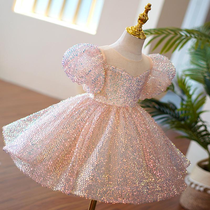 L41707 BABY GIRL PAGEANT PRINCESS DRESSES TODDLER SUMMER ELEGANT PINK SEQUIN BOW BIRTHDAY PARTY DRESS