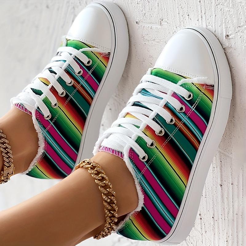 Colorful Strip Print Trainers Lace Up Canvas Shoes
