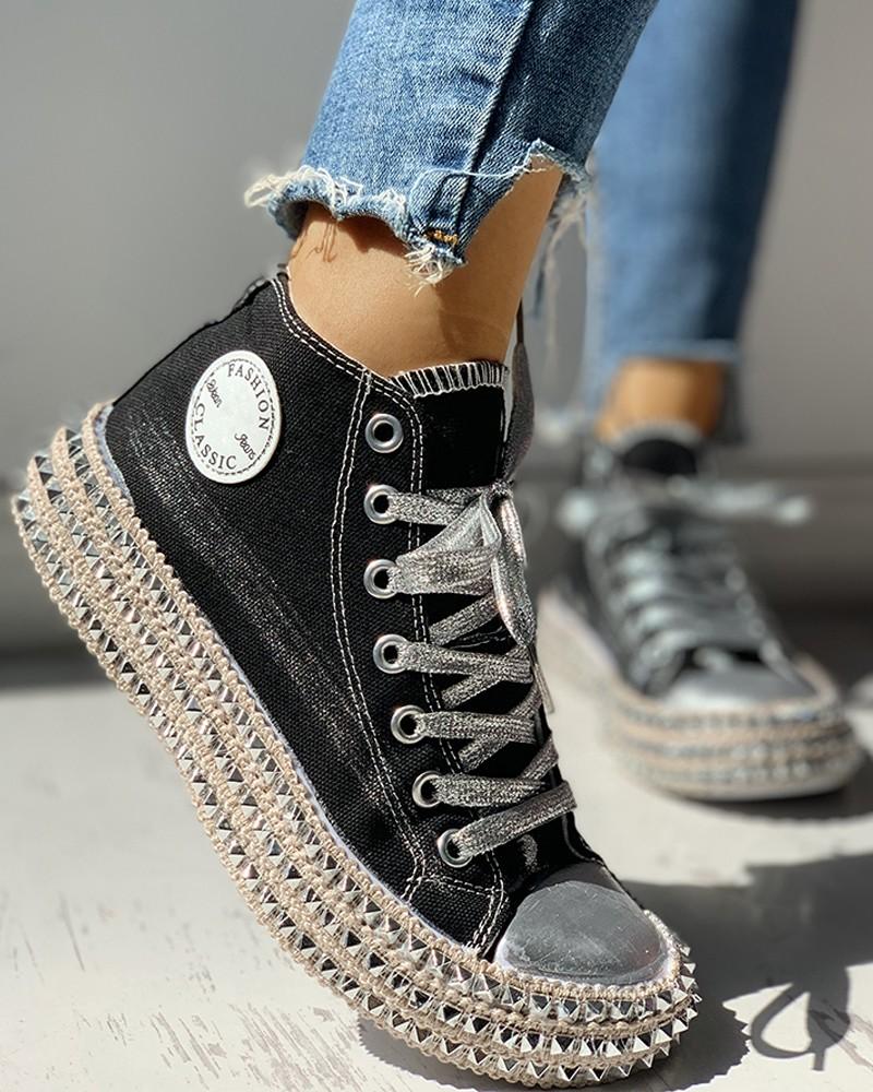 Leopard Print Studded Decor Eyelet Lace-up Trainers