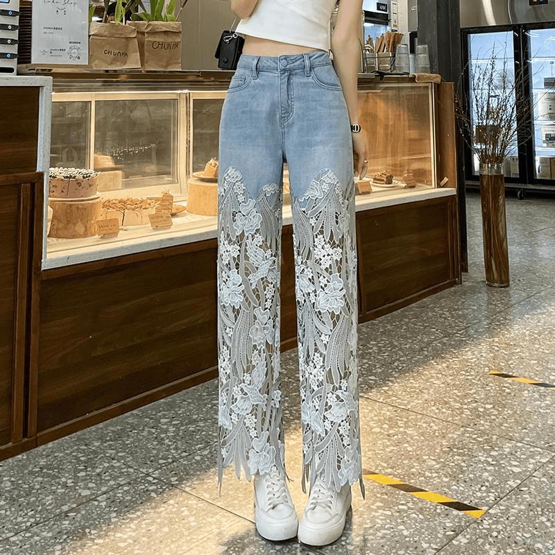 F5151 Hollow Lace Patchwork Jeans