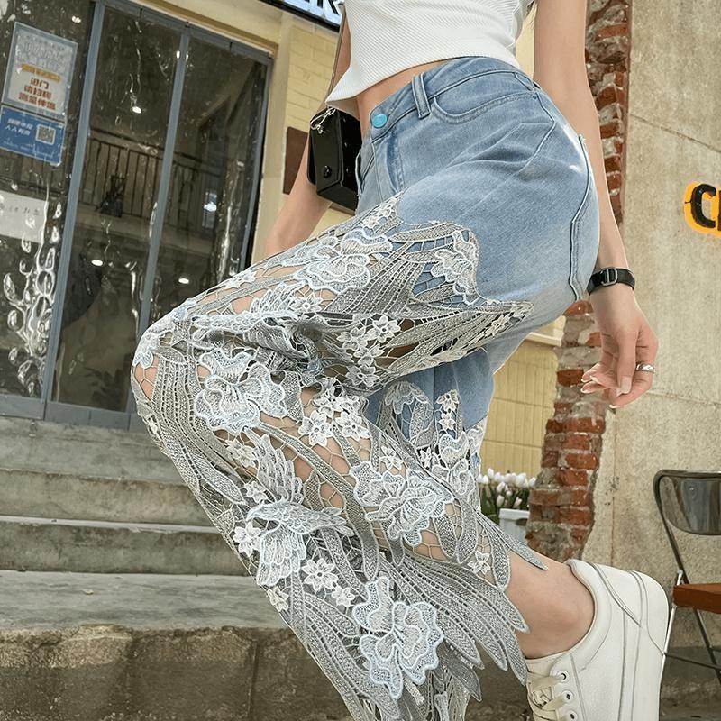 F5151 Hollow Lace Patchwork Jeans