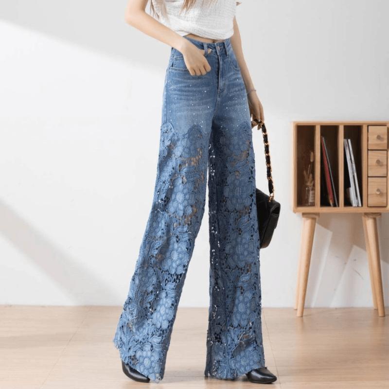 F5151 Hollow Lace Patchwork Jeans