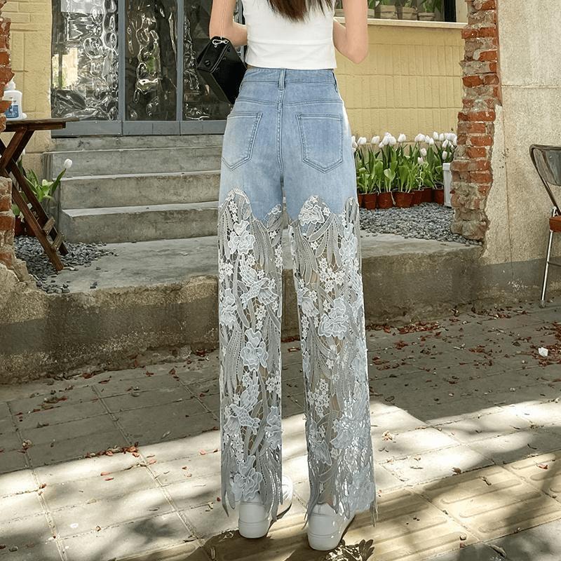 F5151 Hollow Lace Patchwork Jeans