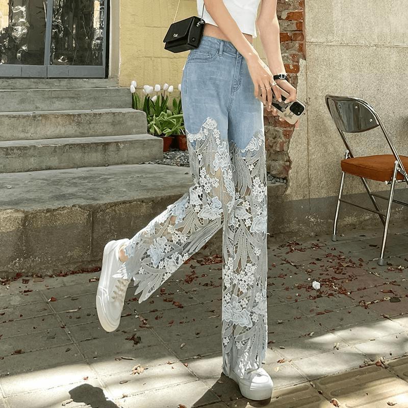 F5151 Hollow Lace Patchwork Jeans