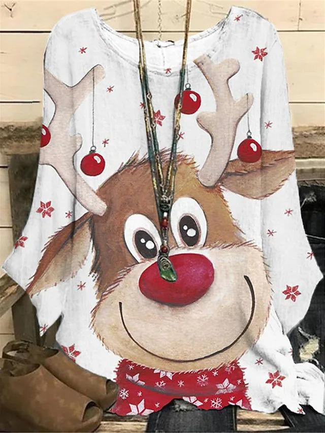 Women's Christmas Pullover Tree Deer Print Long Sleeve Top
