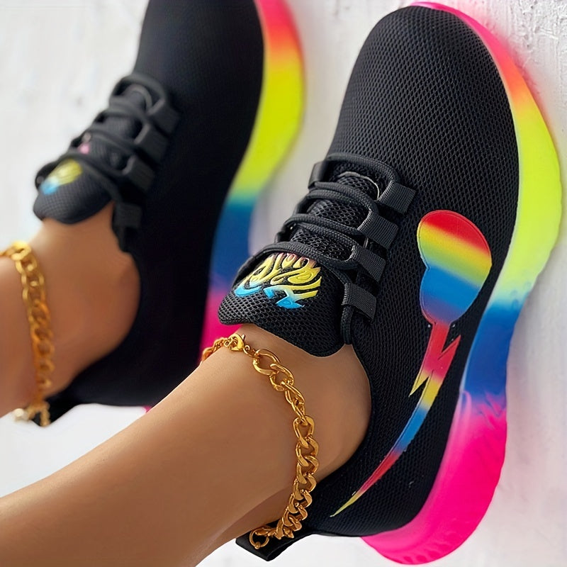 Women's Rainbow Heart Chunky Trainers Casual Running Shoes