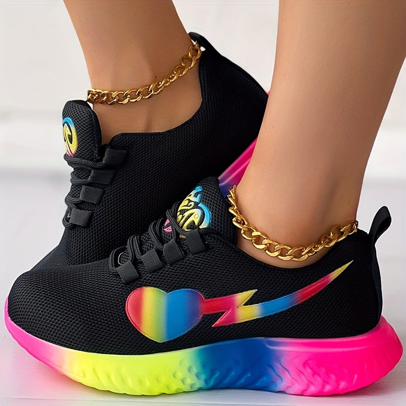 Women's Rainbow Heart Chunky Trainers Casual Running Shoes