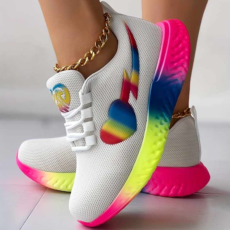 Women's Rainbow Heart Chunky Trainers Casual Running Shoes