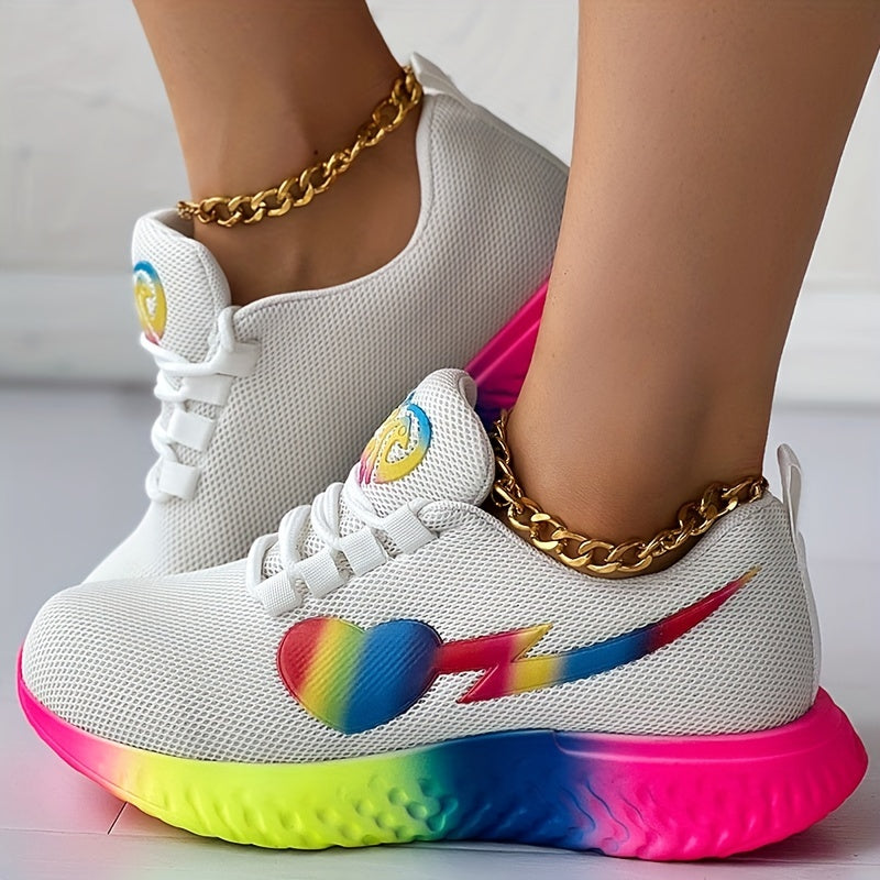 Women's Rainbow Heart Chunky Trainers Casual Running Shoes