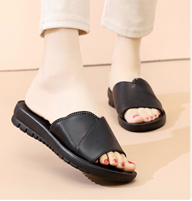 Peep Toe Wedge Non-slip Leather Slippers