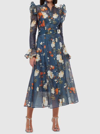 High Collared Neck Printed Ruffled Dress