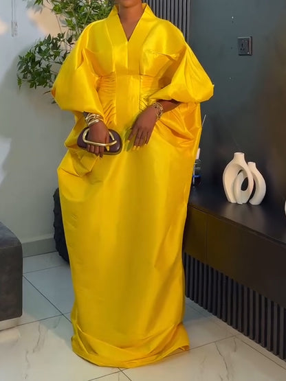 F050902 Fashion V-neck Long-sleeved Loose Pleated Long Dress