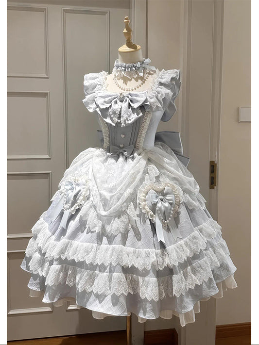 F72101 Blue Retro Sweet Girl Gorgeous Small Dress Cake Lolita Skirt Lolita Lace Princess Dress