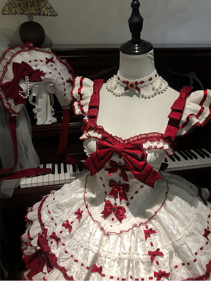 F72103 Red and White Ballet Style Elegant Doll Sense Lolita Skirt Daily Princess Skirt Lolita Sweet Birthday Dress