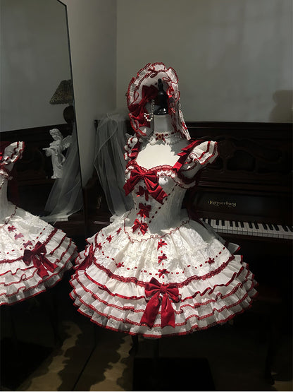 F72103 Red and White Ballet Style Elegant Doll Sense Lolita Skirt Daily Princess Skirt Lolita Sweet Birthday Dress