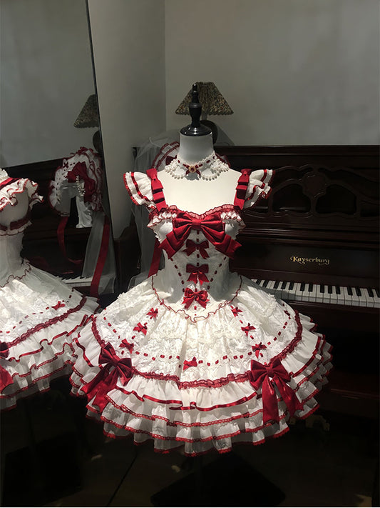 F72103 Red and White Ballet Style Elegant Doll Sense Lolita Skirt Daily Princess Skirt Lolita Sweet Birthday Dress