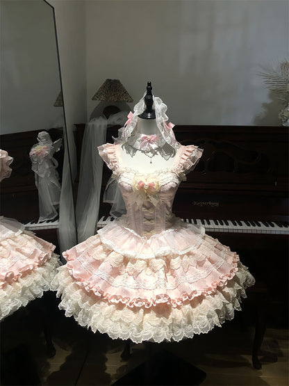 F72108 Apricot Pink Lolita Skirt Elegant Waist Short Ballet Style Lolita Princess Skirt