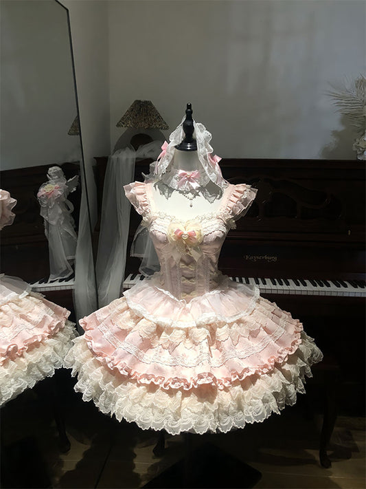 F72108 Apricot Pink Lolita Skirt Elegant Waist Short Ballet Style Lolita Princess Skirt