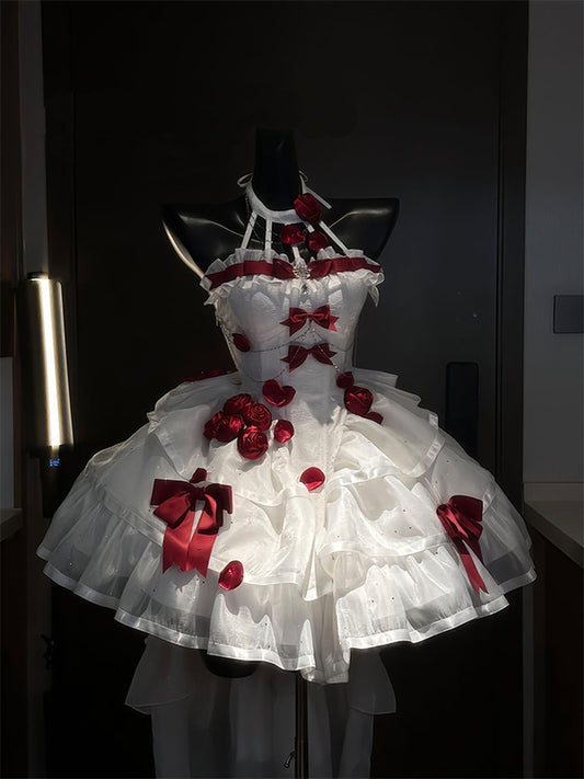 F72111 White and Red Gothic Style Rose Pure Desire Long Tail Small Idol Dress Princess Dress Lolita Dress Lolita